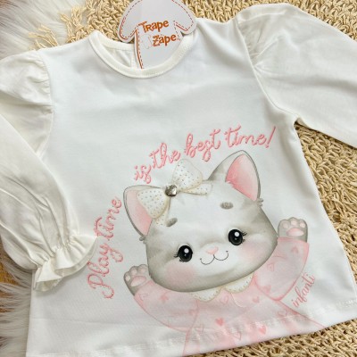 Conj. Blusa Manga Longa Gatinha Best Time e Calça Legging Corações - Off White e Rosa